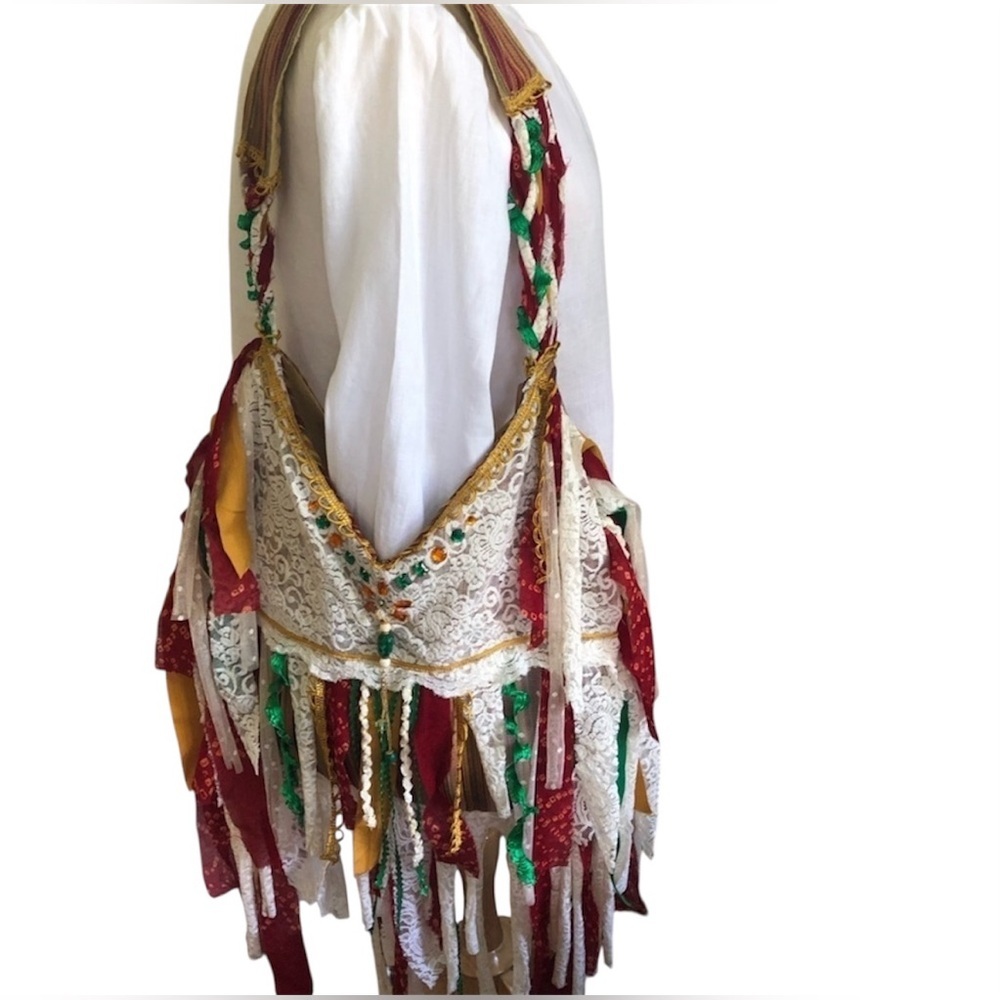 Bohemian Gypsy Crossbody Bag w/gold,green,red stripes & cream lace and fringe - Picture 17 of 17